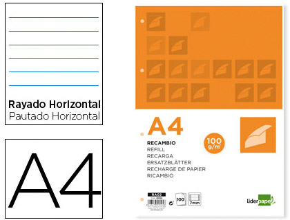 Recambio Liderpapel A4 100h 100g/m² rayado horizontal doble margen 4 taladros